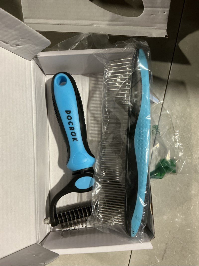 Condition photo showing Good Condition for pet grooming combo - blue deshedding brush with metal comb for detangling and dematting long, matted fur on cats and dogs