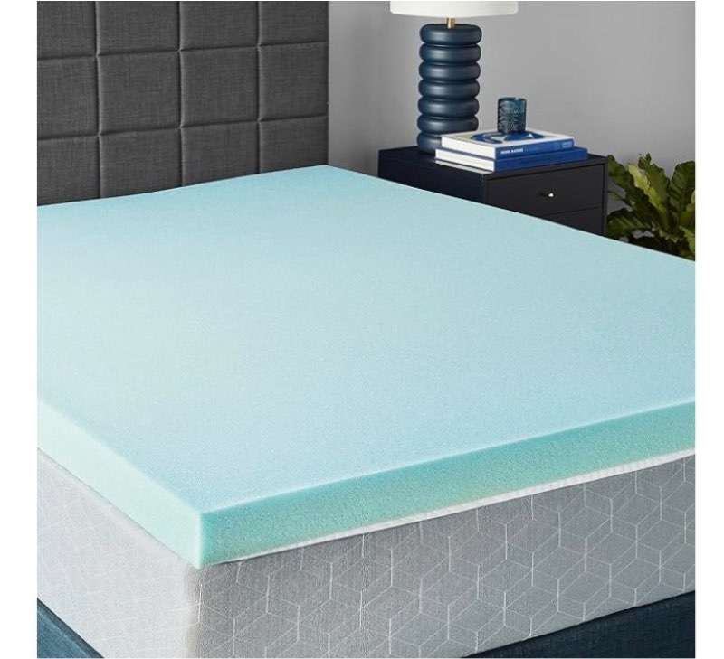 amazon basics cooling gel-infused memory foam mattress topper for better sleep support, certipur-us certified, 3 inches, queen, blue
