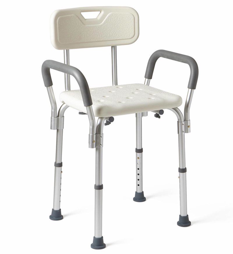 medline shower bath chair with back and padded armrests  height adjustable  supports up to 350 lbs.  white
