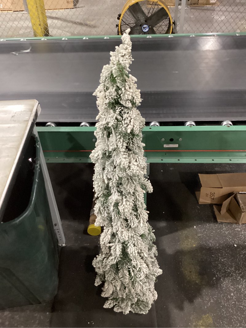Condition photo showing New/Like New for National Tree Company 4 ft Pre-Lit Flocked Downswept Forestree Mini Artificial Christmas Tree,100 Clear Lights, 308 Tips, Metal Plate Base, Green 4ft Tree