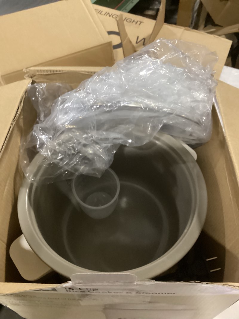 Condition photo showing As Is for bella 16 cup rice cooker with steamer, dishwasher safe steaming basket, rice paddle and measuring cup, removable nonstick cooking bowl, automatic keep warm function?, 400 watt, oatmilk