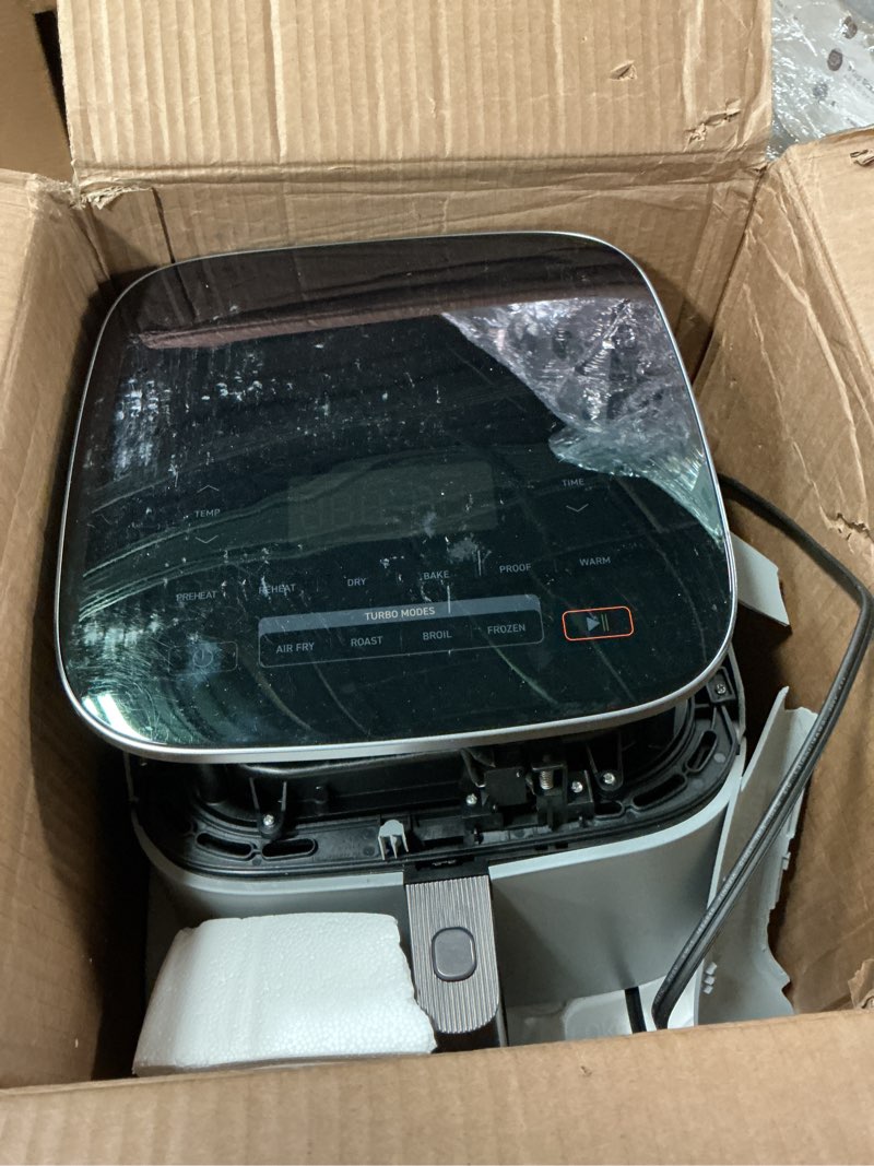 Condition photo showing As Is for cosori 9-in-1 turboblaze air fryer 6 qt, premium ceramic coating, 90°–450°f, precise heating for even results, air fry, roast, bake, broil, dry, frozen, proof, reheat, keep warm, 120v, light gray light gray 6qt air fryer