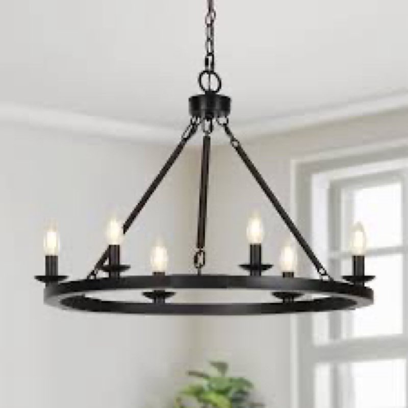 Wagon Wheel Chandelier 6 Light, 30 Inch Modern Black Farmhouse Chandelier with Adjustable Height, Ro