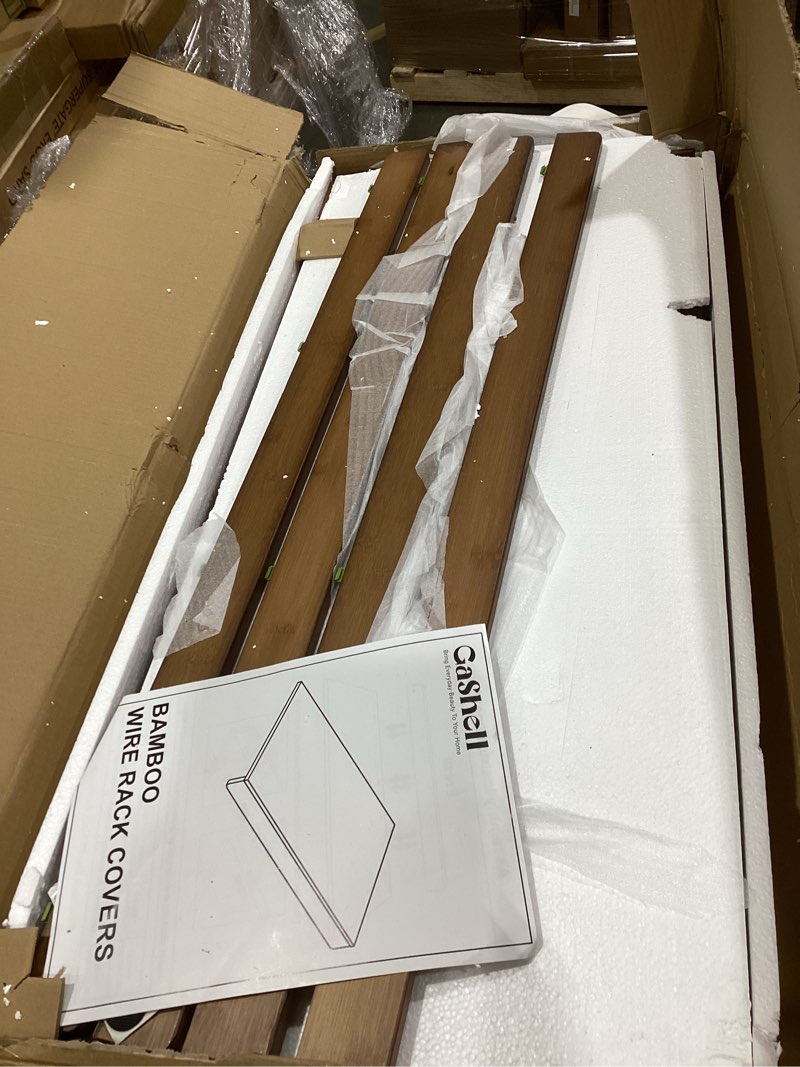 Condition photo showing As Is for Wire Shelf Covers, Bamboo Wire Rack Covers for Pantry, Closet (4pcs, 36" W x 16" D) 36"W x 16"D 4