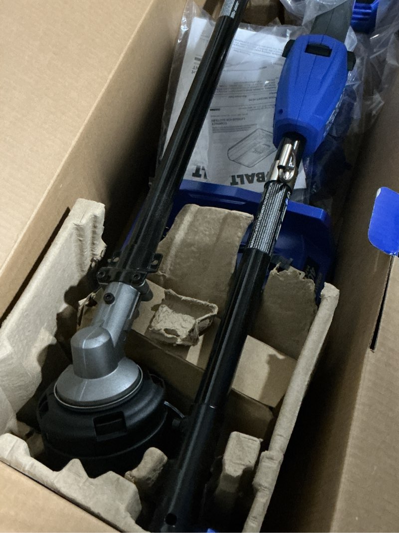 Condition photo showing As Is for kobalt gen4 40-volt 15-in straight shaft attachment capable battery string trimmer 4 ah (battery and charger included)