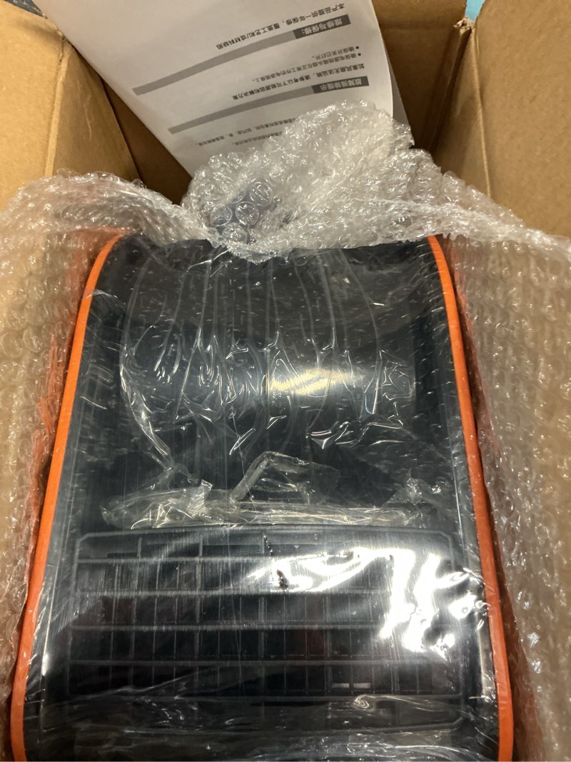 Condition photo showing New/Like New for blower fan for drying cooling and ventilating, air mover for home garage workshop and job site use, air mover blower fan with 185° rotation, 3 speeds, 2 ac outlets, orange