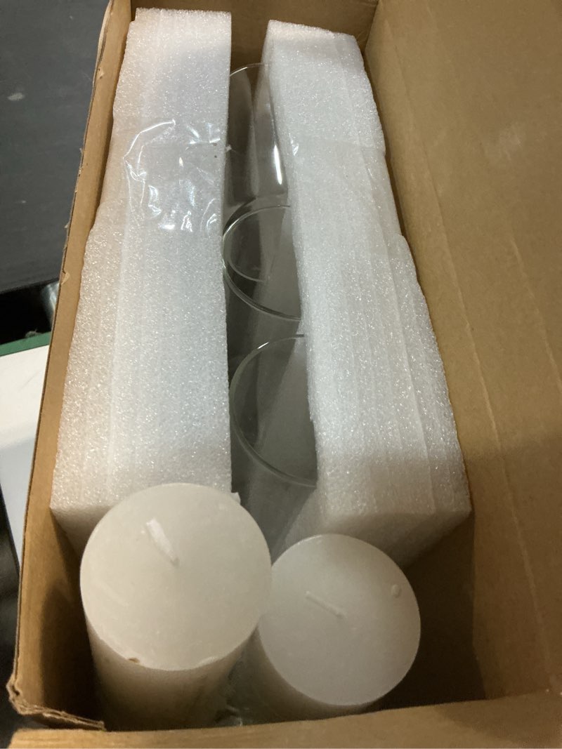 Condition photo showing Good Condition for Shihanee Set of 6 Pillar Candles and Glass Cylinder Vases Assorted Sizes Clear Cylinder Holders for Pillar Candles Home Table Centerpieces Wedding Party Decorations (Multiple Sizes,White) Multiple Sizes White 6