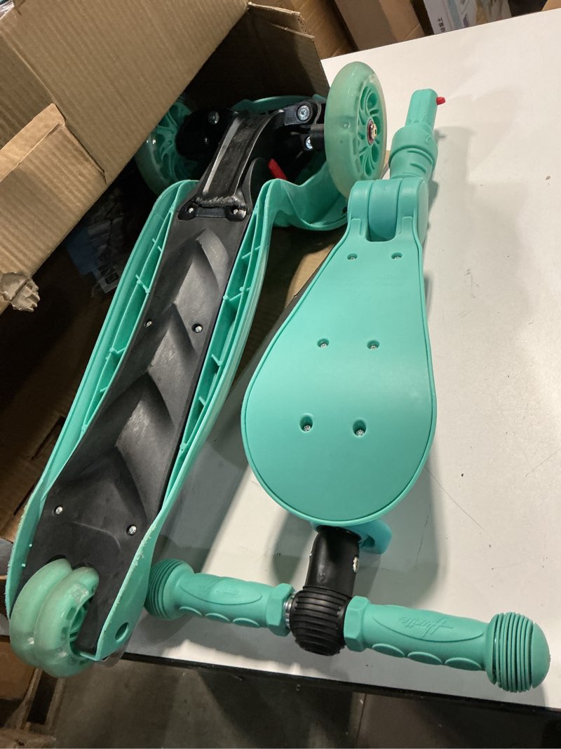 Condition photo showing As Is for hurtle 3-wheeled scooter for kids - wheel led lights, adjustable lean-to-steer handlebar, and foldable seat - sit or stand ride with brake for boys and girls ages 1-14 years old teal