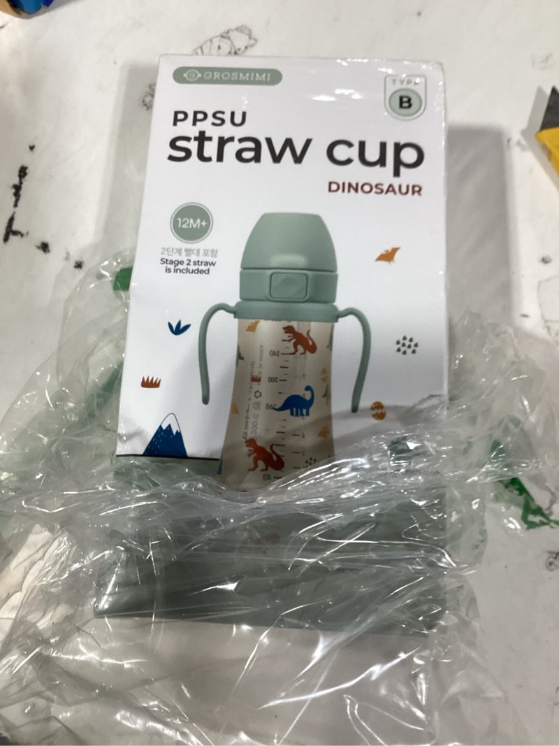 Condition photo showing New/Like New for grosmimi flip top spill proof sippy cup, ppsu, bpa free, 10 oz, stage 2 straw for toddlers (dinosaur)