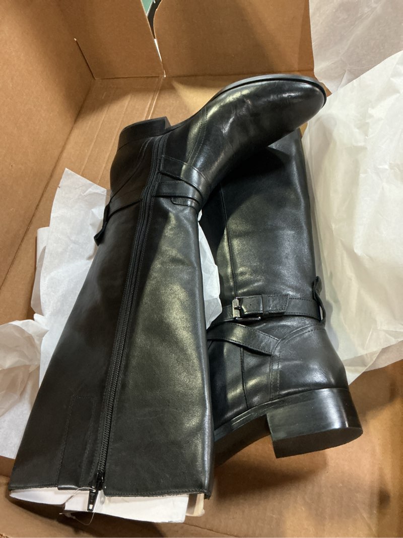 Condition photo showing New/Like New for coutgo women's wide calf knee high boots comfortable wide width winter tall riding boots round toe chunky mid heel with side zipper metal buckle faux leather fall shoes