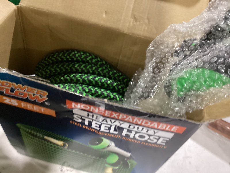 Condition photo showing Good Condition for powerflow garden hose, non-expandable 25 feet premium quality stainless steel metal water hose with durable fabric skin, hose for commercial, residential use, bonus 10-way spray nozzle (25 ft, green) green 25 feet