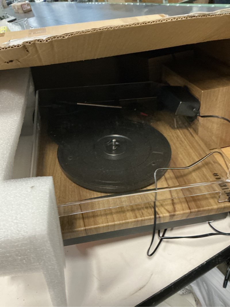 Condition photo showing As Is for vinyl record player with dual stereo bookshelf speakers vintage turntable with bluetooth wireless playback belt drive 3-speed playback record player support rca out auto stop wooden