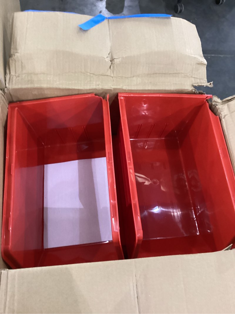 Condition photo showing Good Condition for Akro-Mils 30260 AkroBins Plastic Storage Bins, Space-Saving Stackable Bins for Garage, Pantry, Craft Organization, 18" x 11" x 10", Red, 6-Pack Red Storage Bins Only