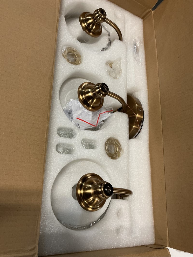 Condition photo showing Good Condition for brushed gold bathroom vanity light fixture vintage style - 3 light g9 bulb compatible, 23" wide bathroom lighting over mirror with hand-etched glass shades, easy mount for makeup area 3 light gold
