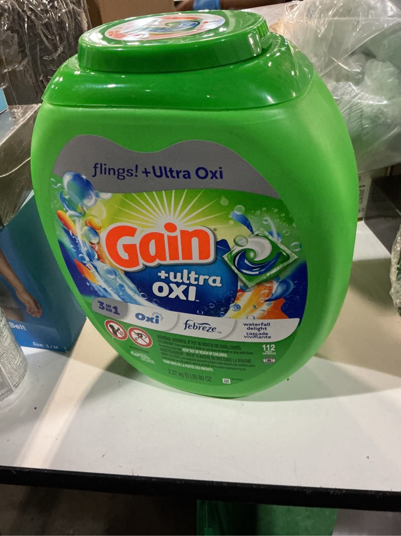 Condition photo showing New/Like New for gain flings ultra oxi laundry detergent pacs, 112 count, waterfall delight scent, with odor defense, concentrated laundry soap pacs waterfall delight 112 count (pack of 1)