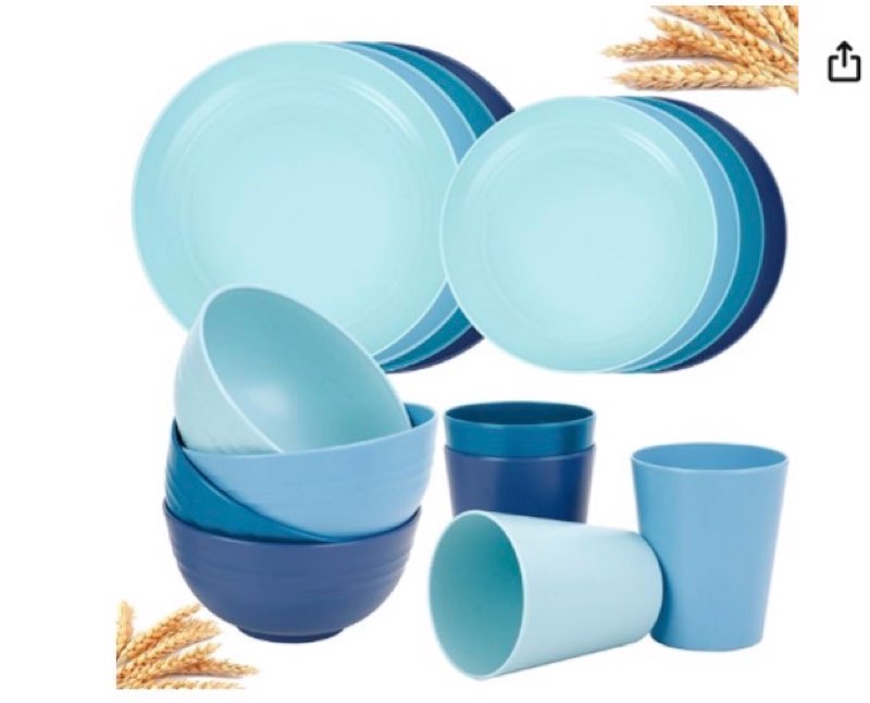 LIYH 48 Pcs Beige Plastic Wheat Straw Dinnerware Set - Reusable Plates and Bowls Sets,Unbreakable Plates Dishes Bowl Cup Outdoor Camper Dish Set for 12
