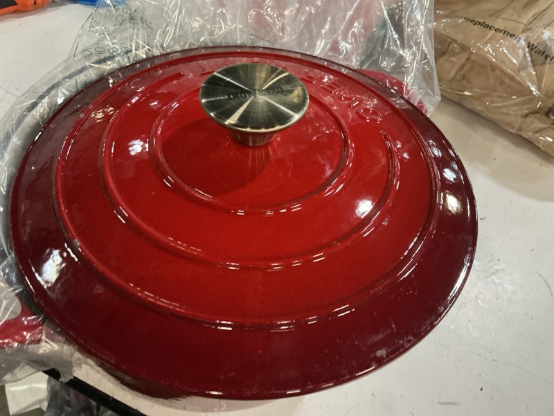 Condition photo showing As Is for overmont enameled cast iron dutch oven - 4.5qt pot with lid cookbook & cotton potholders - heavy-duty cookware for braising, stews, roasting, sourdough baking red 4.5 quart cherry red