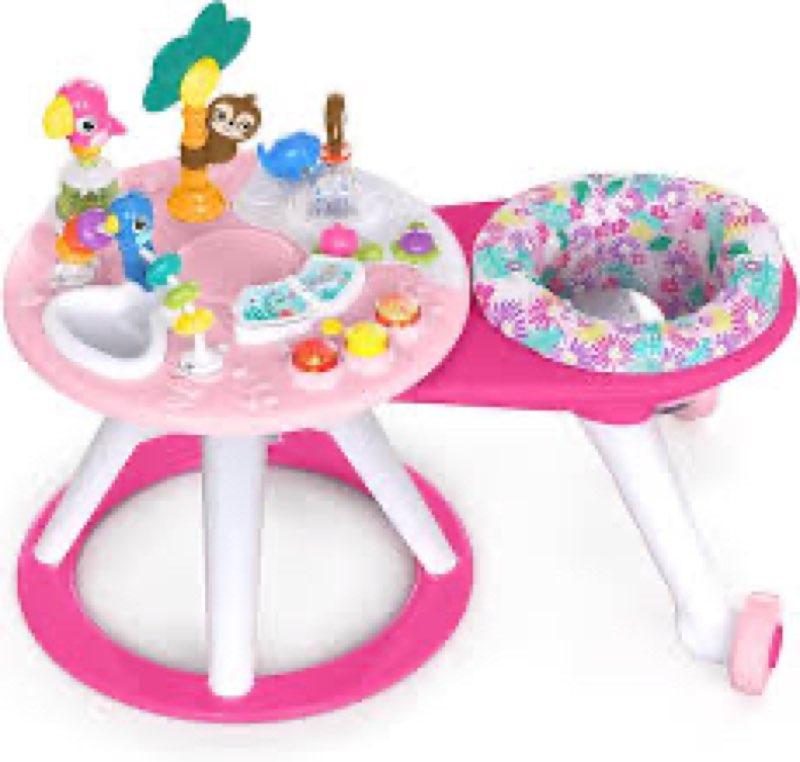 bright starts around we go 2-in-1 baby walker, discovery activity center and table, tropic coral, ages 6 months+