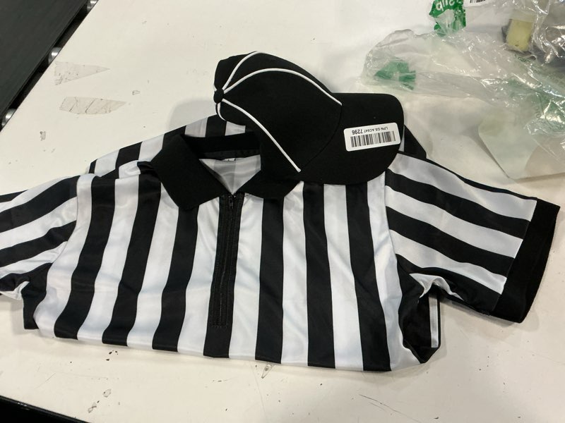 Condition photo showing Good Condition for halloween kids referee costume set white black stripe umpire jersey overturned collar referee shirt stainless steel whistle with lanyard hat for basketball football soccer large
