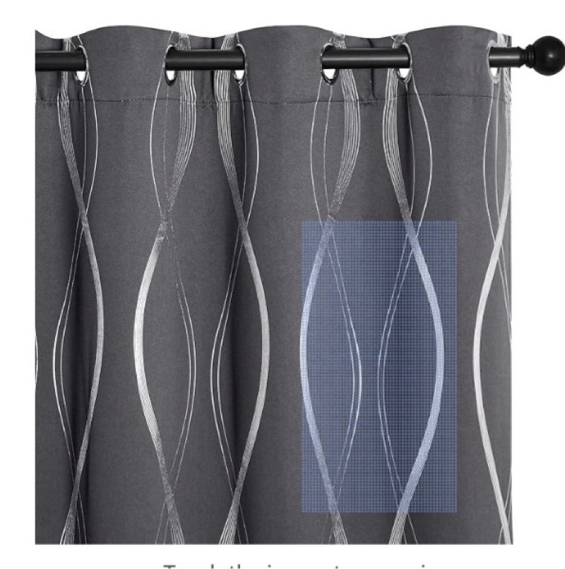 nicetown grey blackout floral pattern curtains for living room 84 inch long 2 panels set, noise reducing thermal insulated wave line foil print bedroom drapes for patio sliding glass door