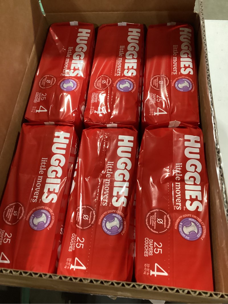 Condition photo showing New/Like New for Huggies Size 4 Diapers, Little Movers Baby Diapers, Size 4 (22-37 lbs), 150 Count (6 Packs of 25), Packaging May Vary Size 4 150