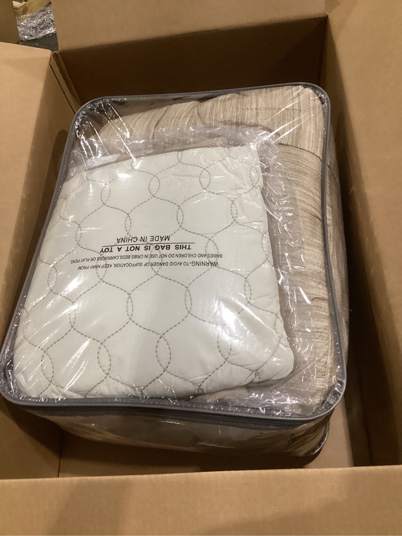 Condition photo showing Good Condition for queen 7pc kelan printed seersucker comforter set taupe: madison park, polyester, pleated, reversible, embroidered details