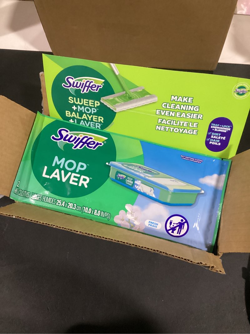 Condition photo showing Good Condition for Swiffer Sweeper 2-in-1 Mops for Floor Cleaning, Dry and Wet Multi Surface Floor Cleaner, Sweeping and Mopping Starter Kit, Includes 1 Mop + 19 Refills, 20 Piece Set 20 Piece Set Mop