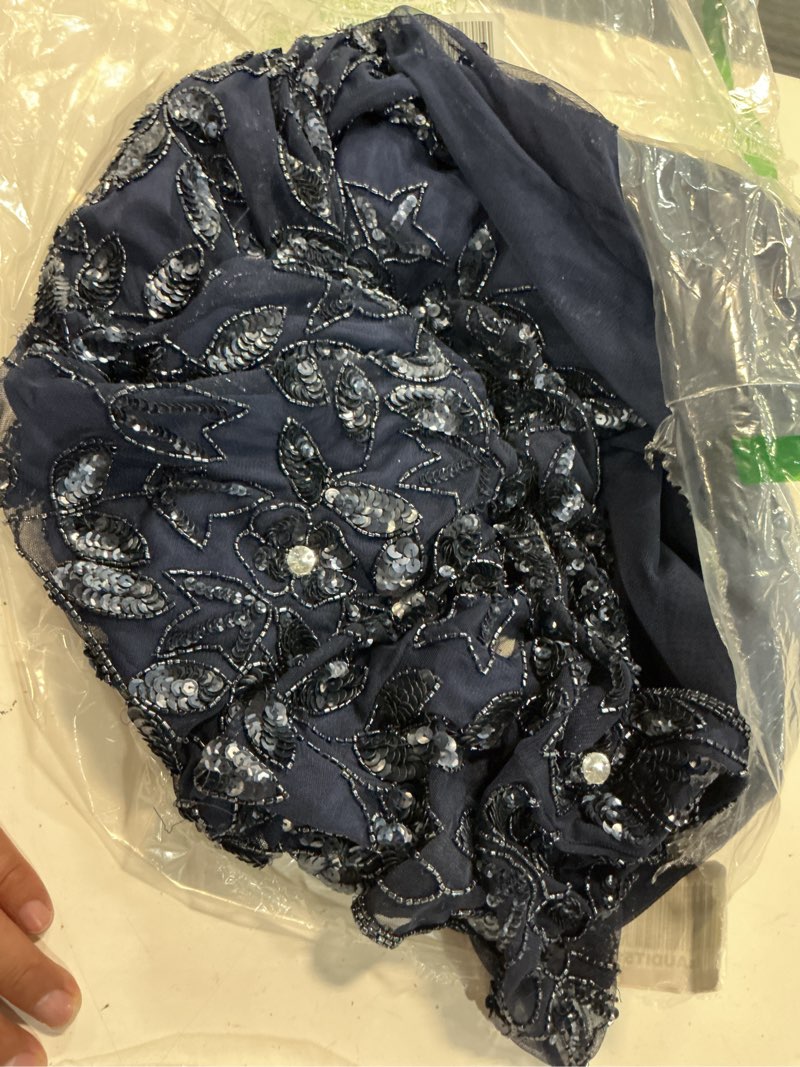 Condition photo showing Good Condition for adrianna papell women's beaded gown with godets - floor length gown with floral embellishments & cap sleeves standard 12 light navy