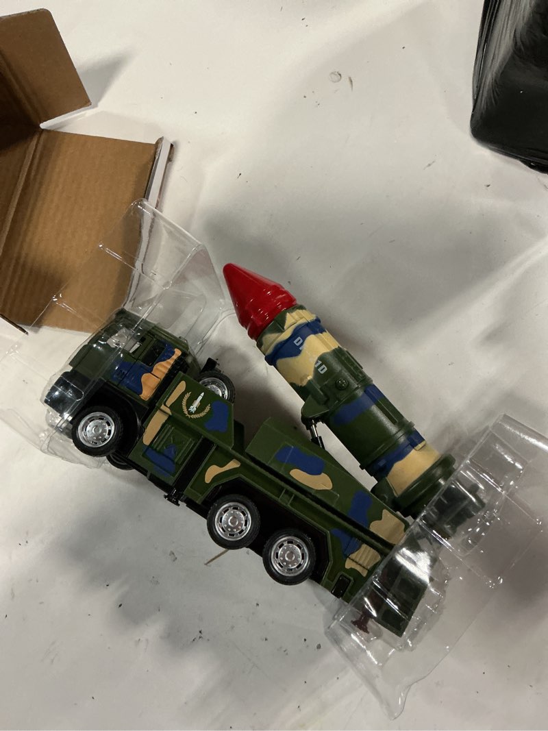 Condition photo showing New/Like New for military missile launch truck toy, with lights sounds and pull back army car, alloy die-cast simulated combat vehicle model toy for kids age 3-6