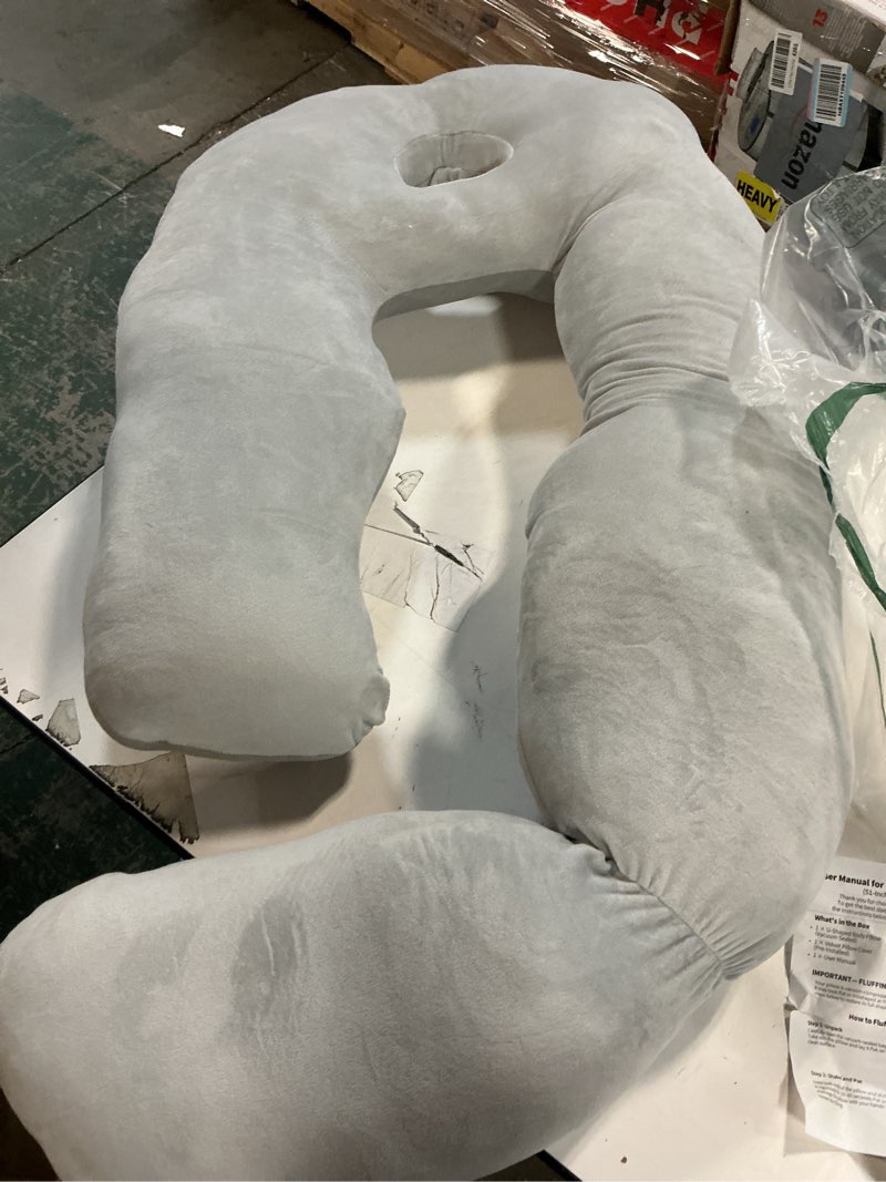 Condition photo showing Good Condition for Pozico U-Shaped Full Body Pillow for Side Sleepers – 51-Inch Cooling Pregnancy Pillow with Ear Piercing Design for Neck, Back, and Hip Support – Removable Washable Cover Space-Saving Design Grey