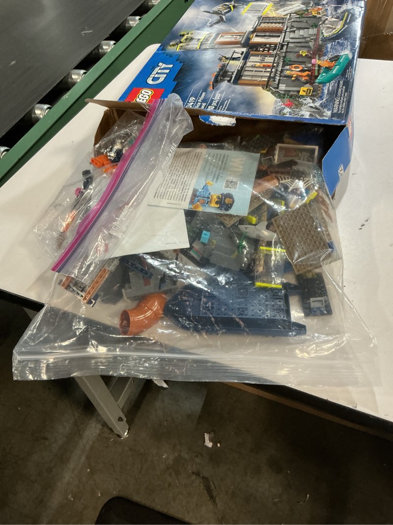 Condition photo showing As Is for lego city police prison island building set, birthday gift for boys and girls ages 7 plus, imaginative play, helicopter toy, boat toy and dinghy, 7 minifigures with dog and shark, 60419