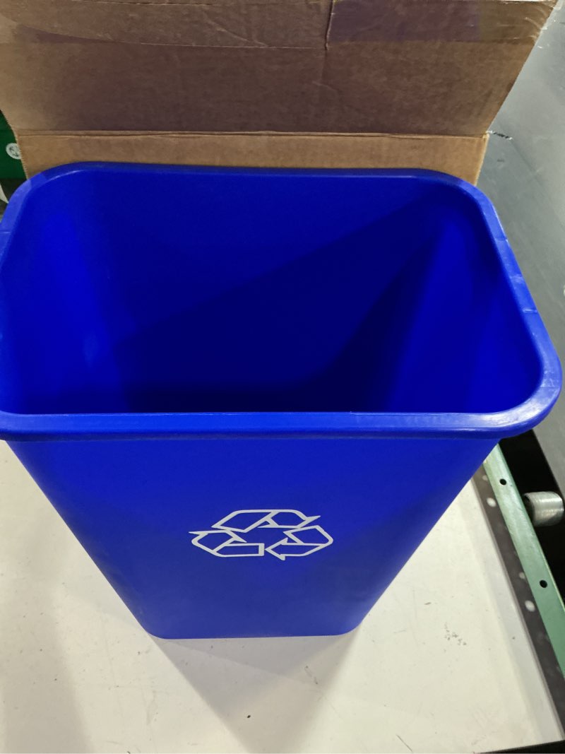 Condition photo showing New/Like New for amazon basics rectangular commercial office wastebasket, easy to clean, lightweight, 10 gallon, blue, recycle logo blue 10 gallon (pack of 1)