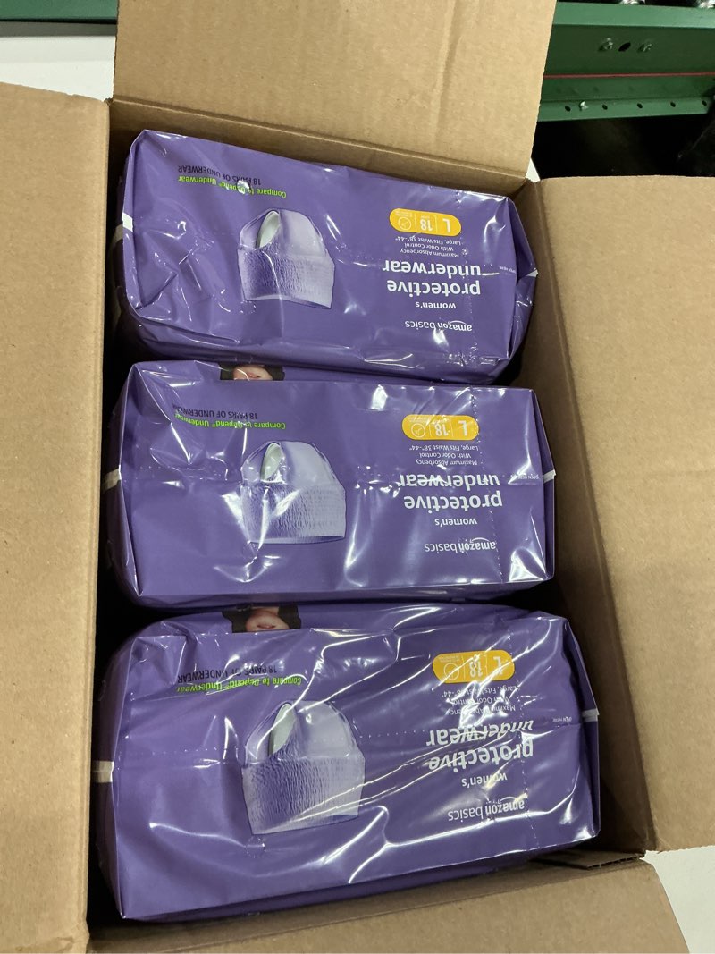 Condition photo showing New/Like New for Amazon Basics Incontinence Underwear for Women, Protective, Disposable, Postpartum, Maximum Absorbency, Large, Lavender, 54 Count (3 Packs of 18) Large 54.0