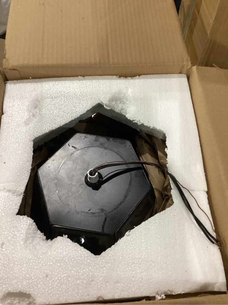 Condition photo showing As Is for large outdoor pendant light fixture 3-light, 20in modern black outdoor chandelier hanging porch light, metal exterior ceiling mount hanging lantern with clear glass for front door, entrance, gazebo