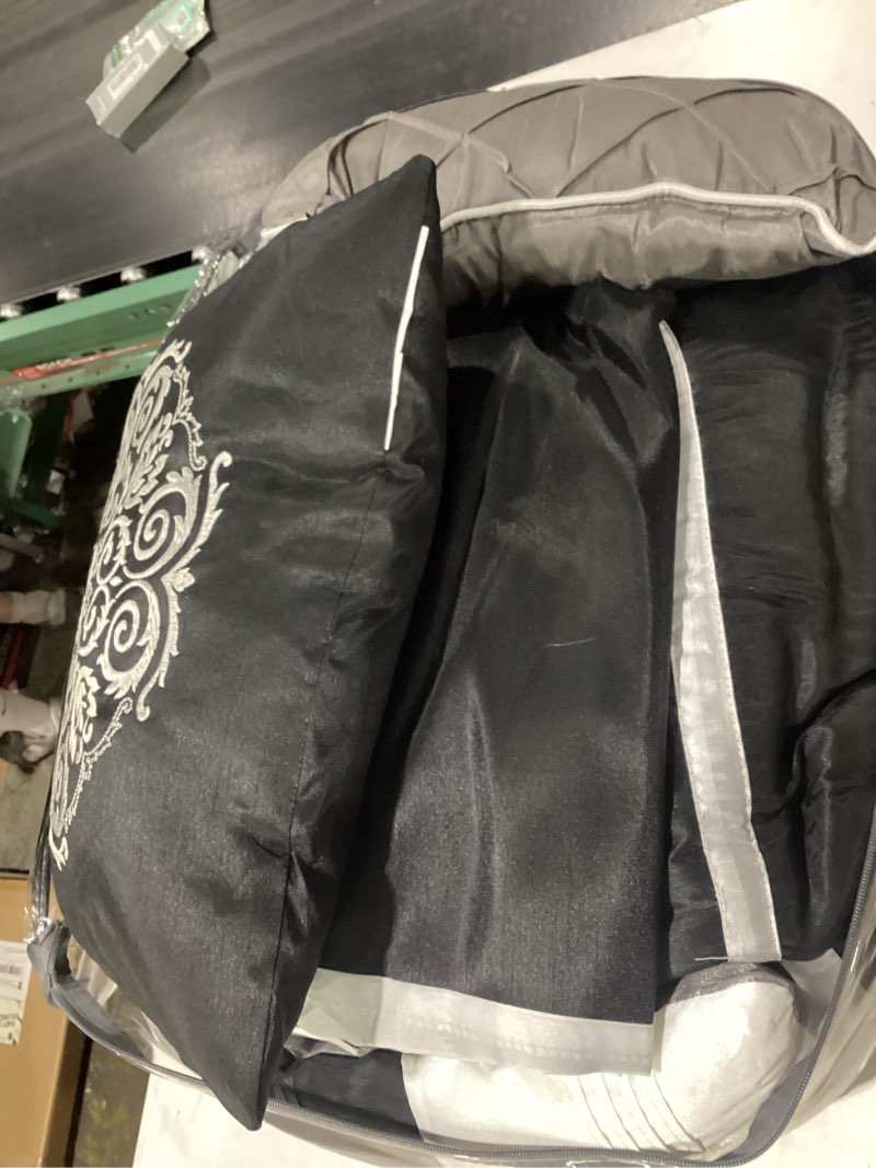 Condition photo showing As Is for *similar to stock* 7-piece (california) cal king size chenille/woven jacquard bedding grey/gray silver stripe overize comforter set bed in a bag