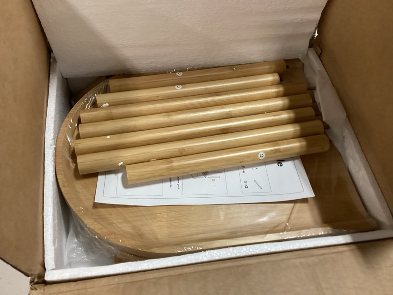 Condition photo showing As Is for small entryway table bamboo 30.7", narrow hallway table oval top 2-tier, slim console table with anti-fall edge, sofa side table 5min easy assembly, small tv stand for bedroom, indoor plant stand natural 30.7"l x 11.8"w x 29.7"h
