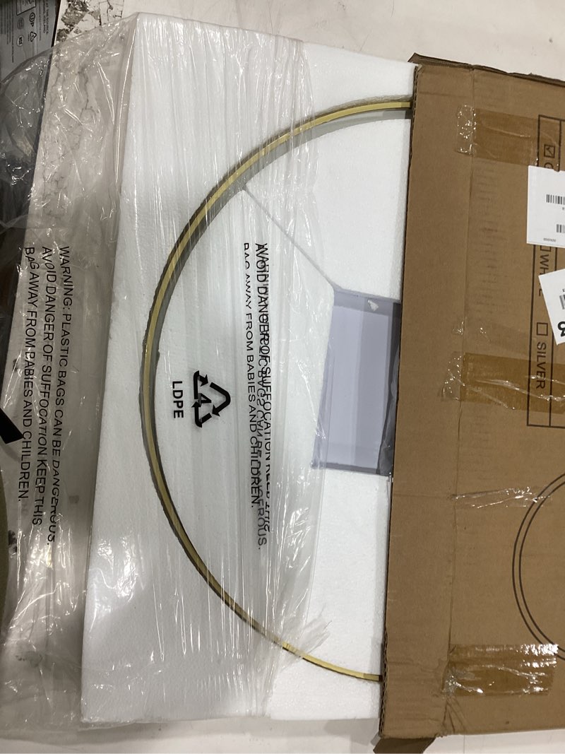 Condition photo showing Good Condition for beautypeak 24 inch round mirror, metal frame circle mirror, wall mounted for entryway, bathroom, vanity, living room, gold