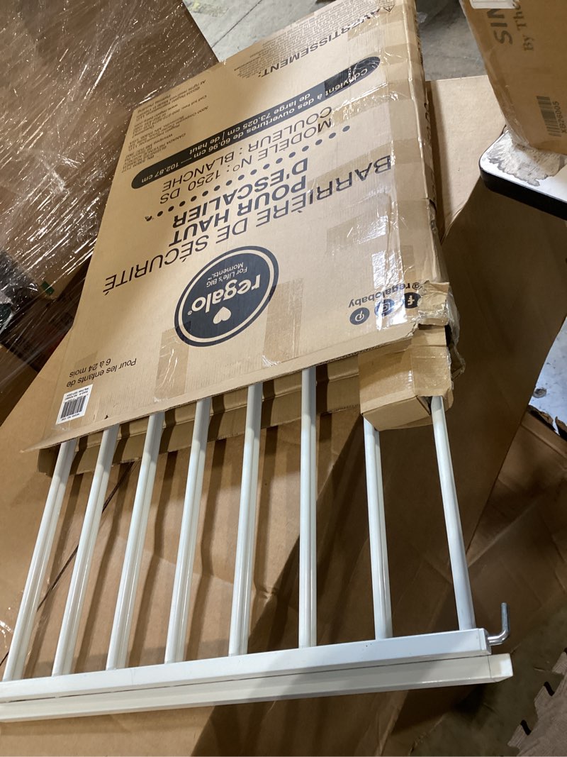 Condition photo showing As Is for regalo safety 24"-40.5" extra wide baby gate for stairs & hallways, hardware mounted 2-in-1 stair gate for babies, toddlers, & pets, white white 24"-40.5"w x 28.75"h