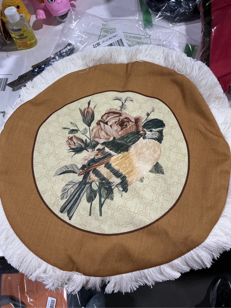 Condition photo showing New/Like New for patdrea Designer Vintage Floral Throw Pillow Cover for Couch,Brown Yellow Linen Pillowcases with Bird and Rose Pattern Decorative Round Cushion for Bed Living Room Outdoor Cafe Car,Diameter 16\" Parkerestate D