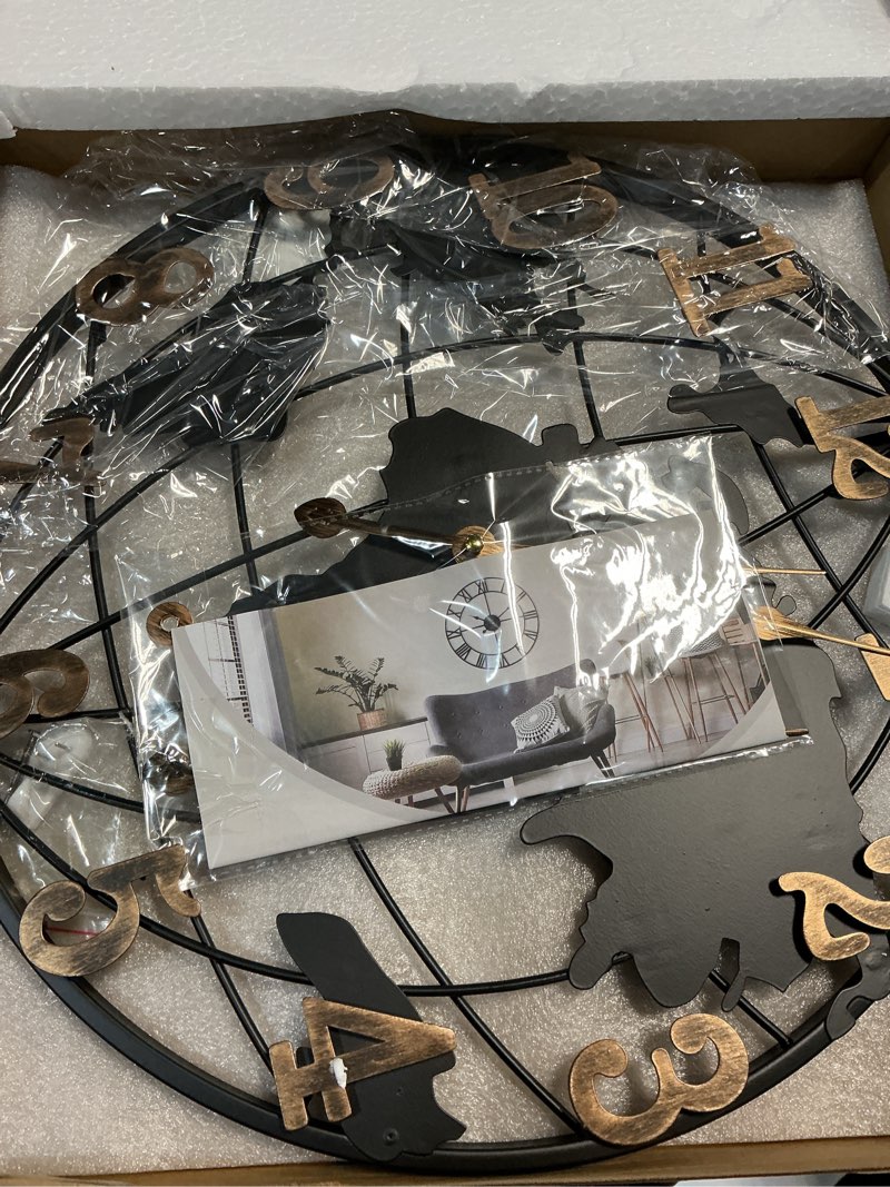 Condition photo showing Good Condition for Large Wall Clock - 24 Inch World Map Minimalist Modern Round Metal Wall Clock Silent Non-Ticking Battery Operated Wall Clocks for Living Room Kitchen Office Farmhouse Home Decor Retro Gold Arabic Numbers 24inch