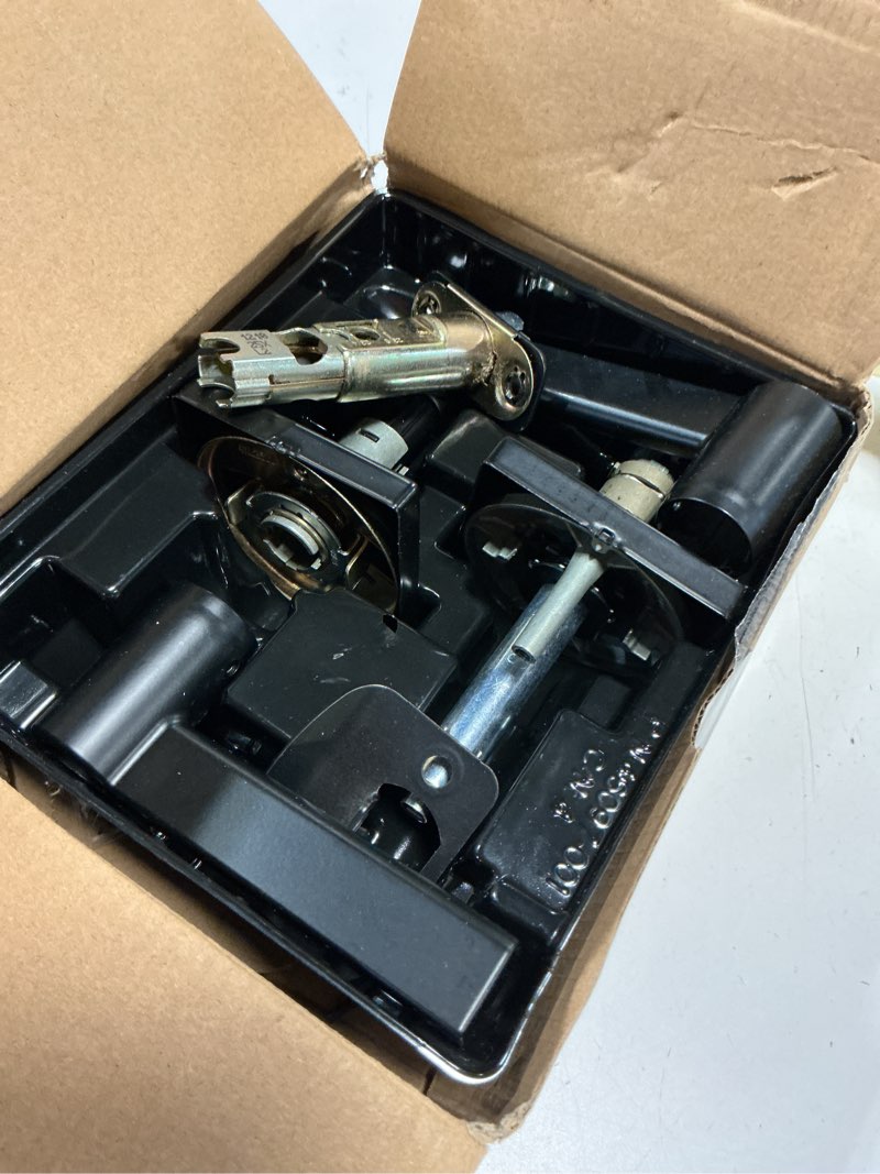 Condition photo showing As Is for kwikset casey entry door handle with lock and key, secure keyed reversible lever exterior, for front entrance and bedrooms, matte black , pick resistant smartkey rekey security and microban matte black 1 pack keyed entry