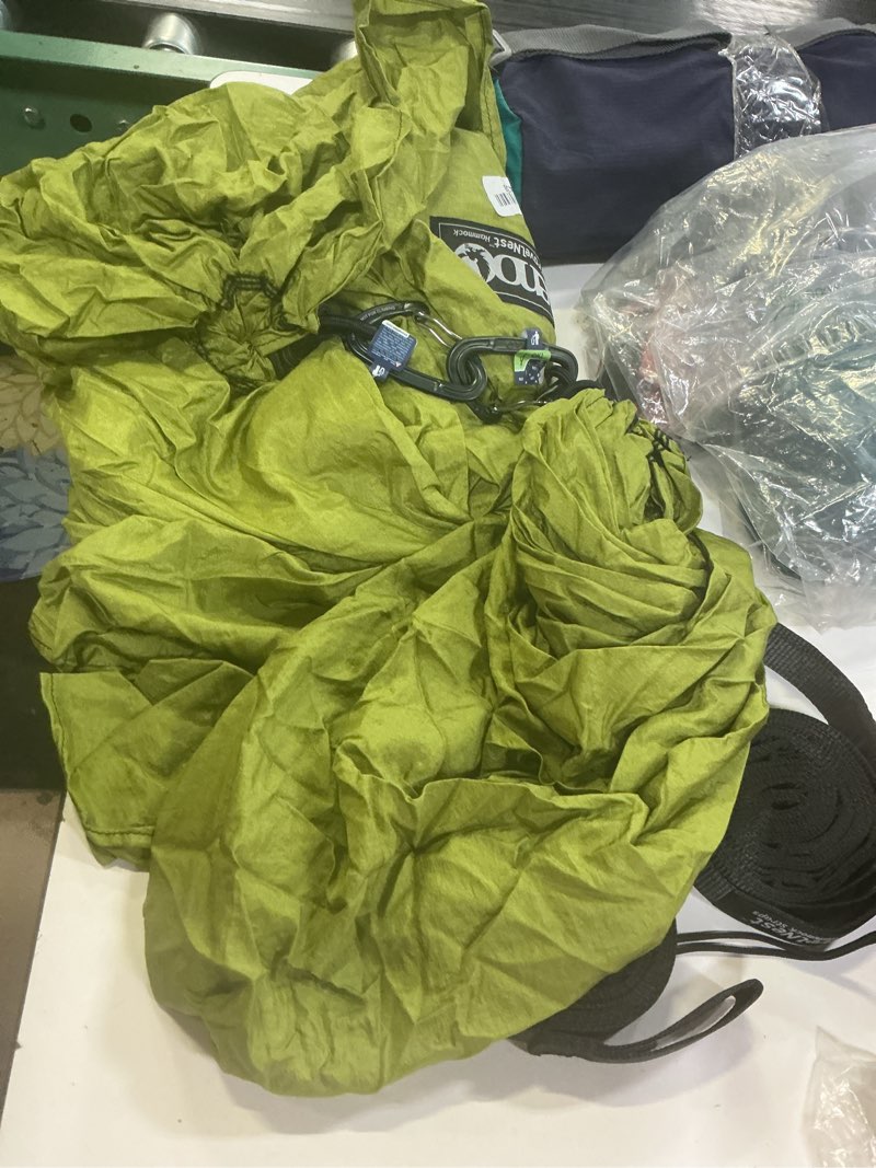 Condition photo showing As Is for eno travelnest hammock & straps combo - portable hiking and camping hammock with straps included - travel hammock for camping, hiking, backpacking, a festival, or the beach - moss green