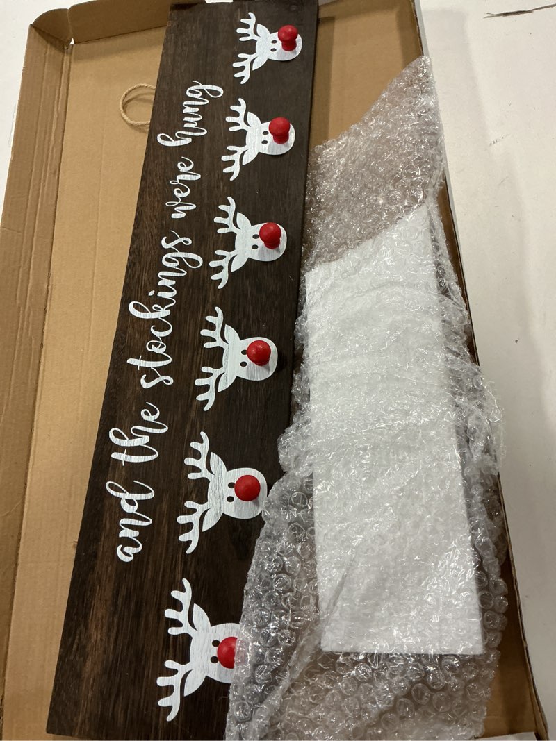 Condition photo showing Good Condition for And the stockings were hung reindeer stocking hanger 6 hooks (red noses) fireplace mantel alternative stocking holder