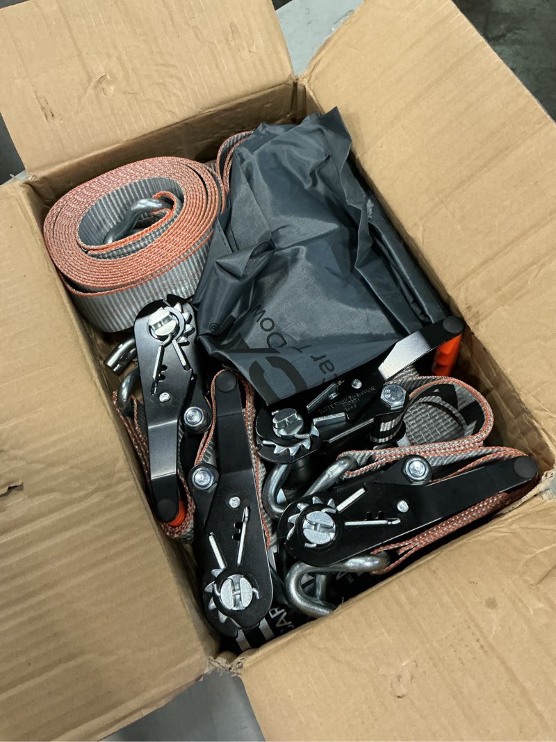 Condition photo showing New/Like New for vulcan complete axle strap tie down kit with wire j-hook ratchet straps - silver series webbing - includes (4) 22 and (4) 36 inch axle tie downs, and (4) 8' wire hook straps complete kit, silver series (wire hooks)