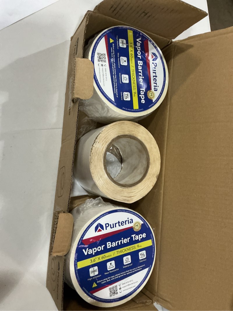 Condition photo showing As Is for vapor barrier tape with release liner, 9 mil easy-to-use polyethylene moisture vapor barrier seam tape for crawl space, repairs, underlayment, waterproof, 3.6" x 180', 3 rolls