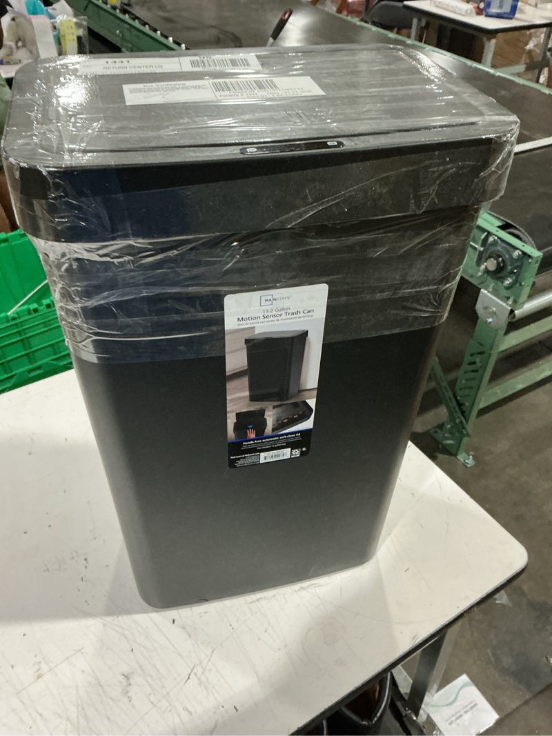 Condition photo showing As Is for mainstays 13.2 gallon kitchen sensor trash can, plastic motion sensor kitchen trash can, black