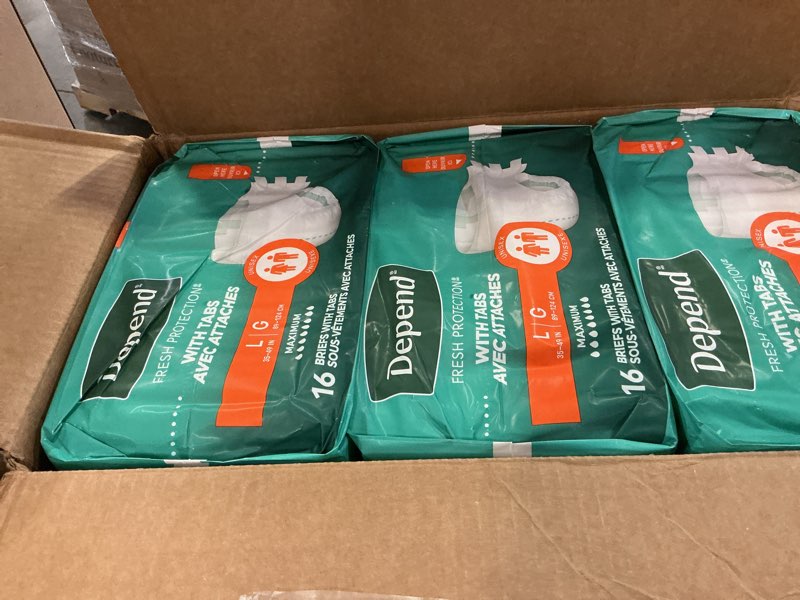Condition photo showing New/Like New for depend adult diapers with tabs, incontinence protection with tabs, unisex, large (35–49" waist, over 170 lbs), maximum absorbency, 48 count (3 packs of 16) large 48