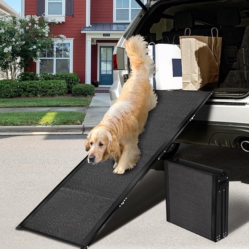 71”L*19.7”W Extra Wide & Long Dog Ramp for Car Truck SUV, Portable Folding Pet Ramps for Small Medium Large Dogs and Cats, Lightweight Aluminum Frame, Supports up to 155 Lbs
