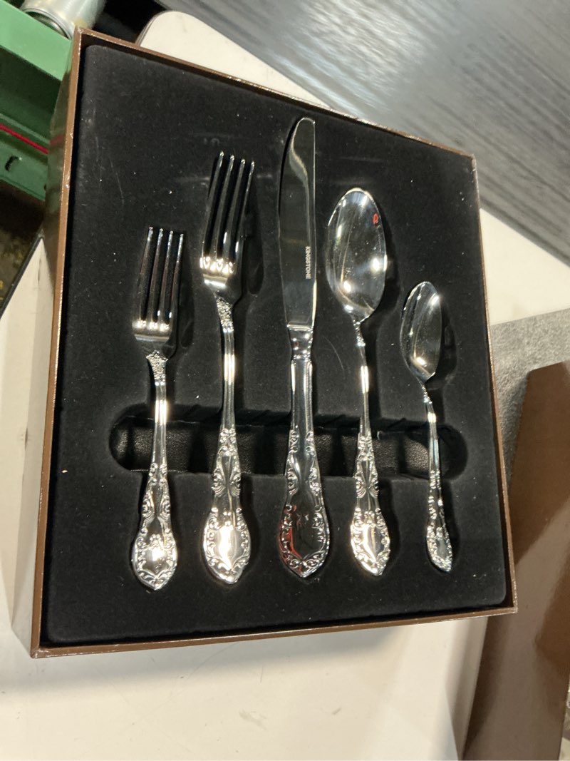 Condition photo showing Good Condition for kingstone vintage silverware set, 60-piece 18/10 stainless steel retro royal flatware cutlery set for 12 with carved thick handles, tableware utensils for home,party,restaurant,wedding,dishwasher safe 60-piece silver