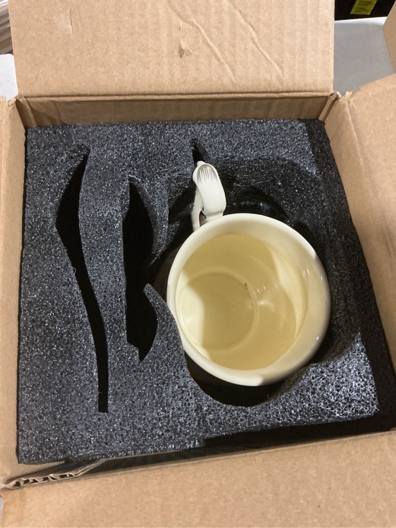 Condition photo showing As Is for (no include spoon yolife tea cup witlid, 12 oz vintage ceramic tea cup with lid and s, flowering shrubs teacup with gold trim design, birthday gift for mom women